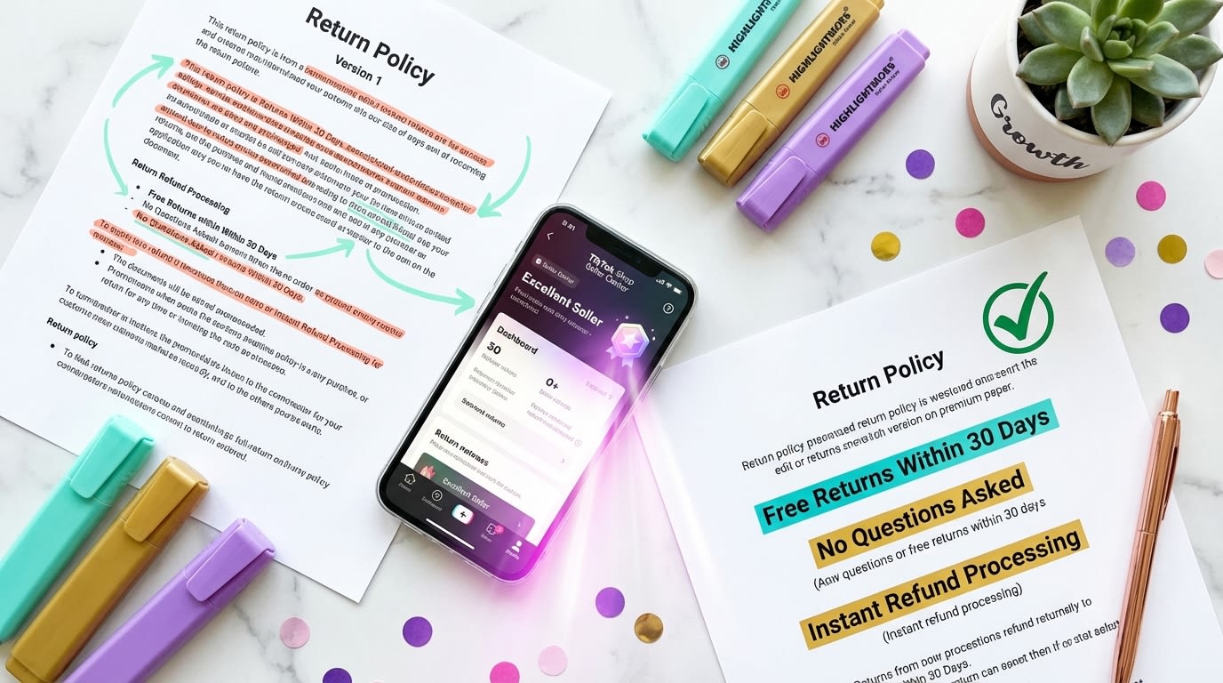 Flat lay showing TikTok Shop return policy optimization with Excellent Seller badge and highlighted improvements