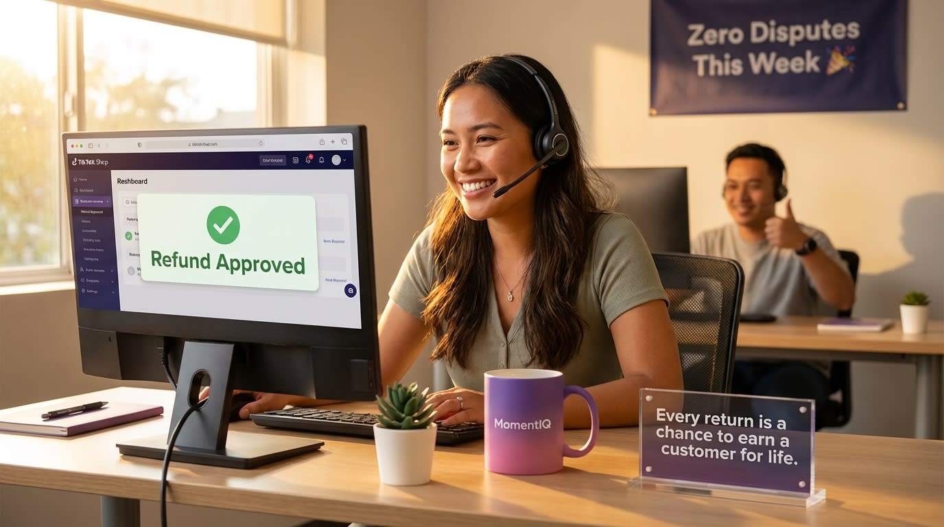 Smiling TikTok Shop customer service team member processing refund approval with zero disputes celebration banner
