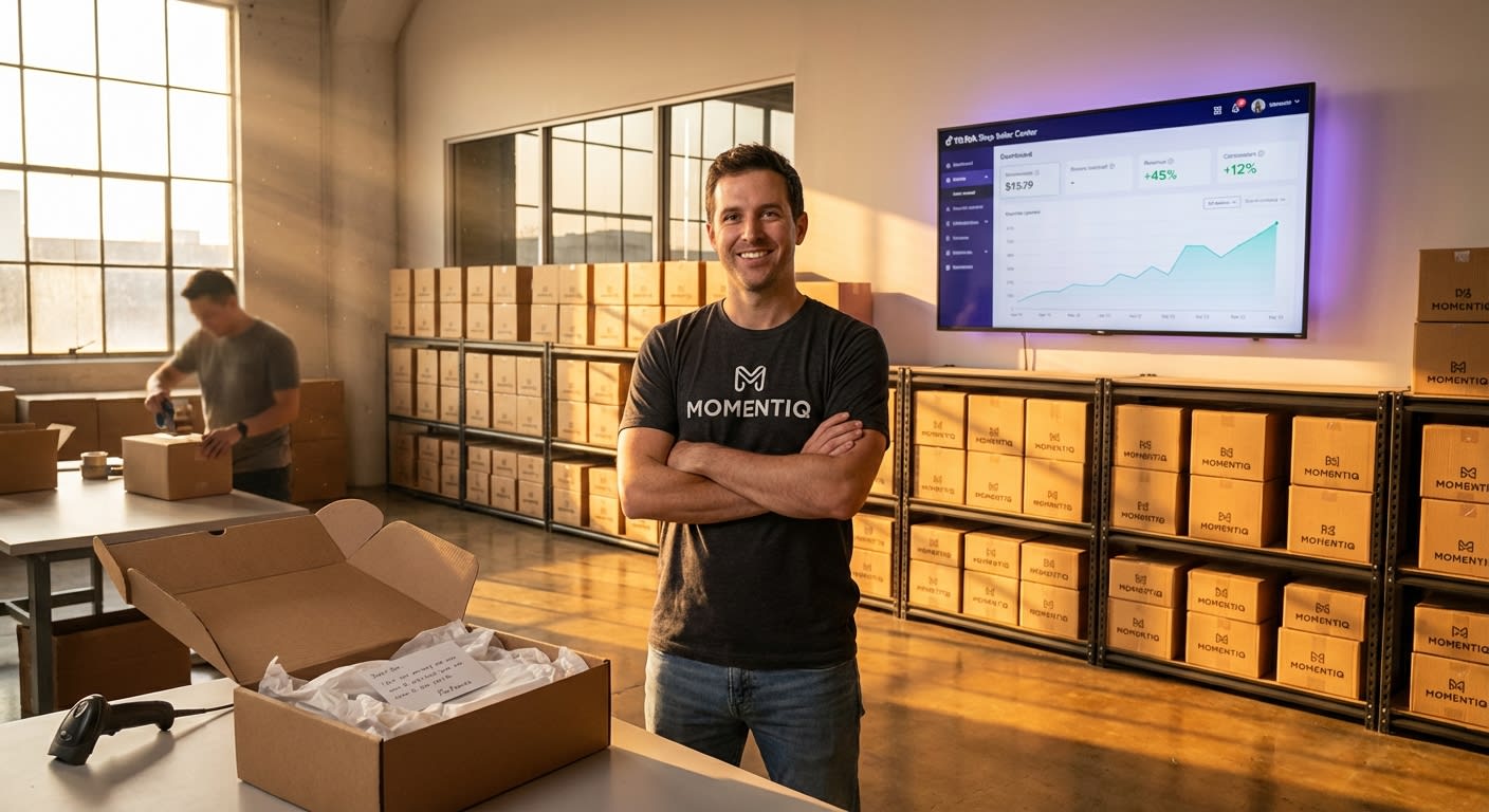 Successful TikTok Shop entrepreneur standing proudly beside revenue growth dashboard in modern home office