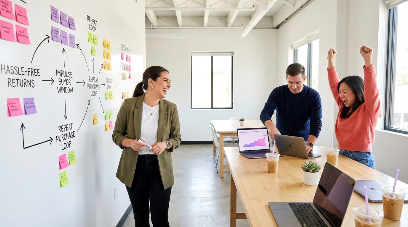 TikTok Shop brand strategy team collaborating on return policy optimization with analytics and whiteboard
