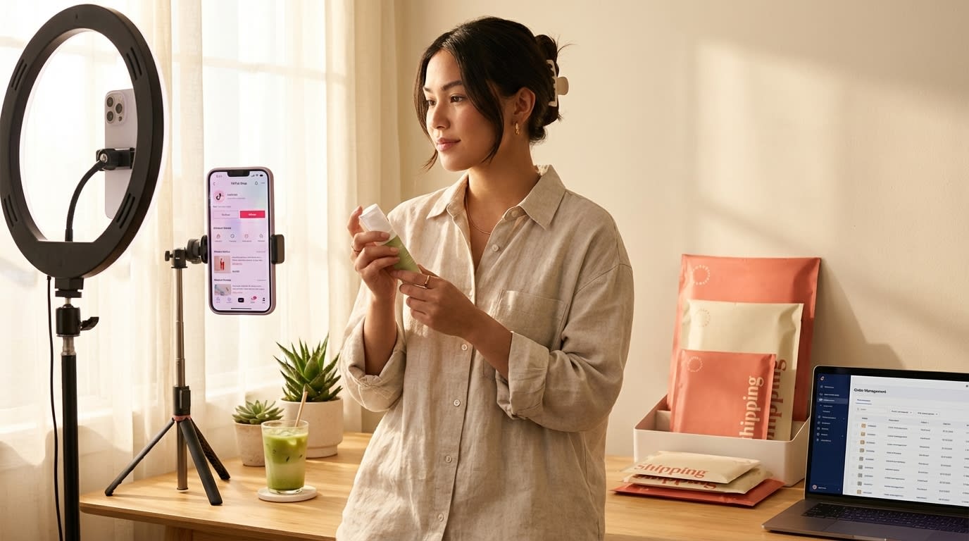 TikTok Shop creator-entrepreneur in dual workspace with content creation setup and organized shipping station