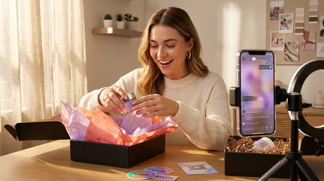 TikTok Shop creator excitedly unboxing branded product seeding package on camera with vibrant packaging