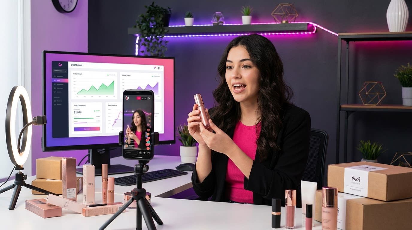 TikTok Shop creator studio with ring light tripod setup and product seeding boxes ready for shipping