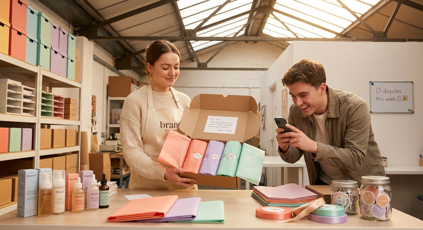 TikTok Shop warehouse team proudly preparing branded product seeding packages with organized colorful inventory