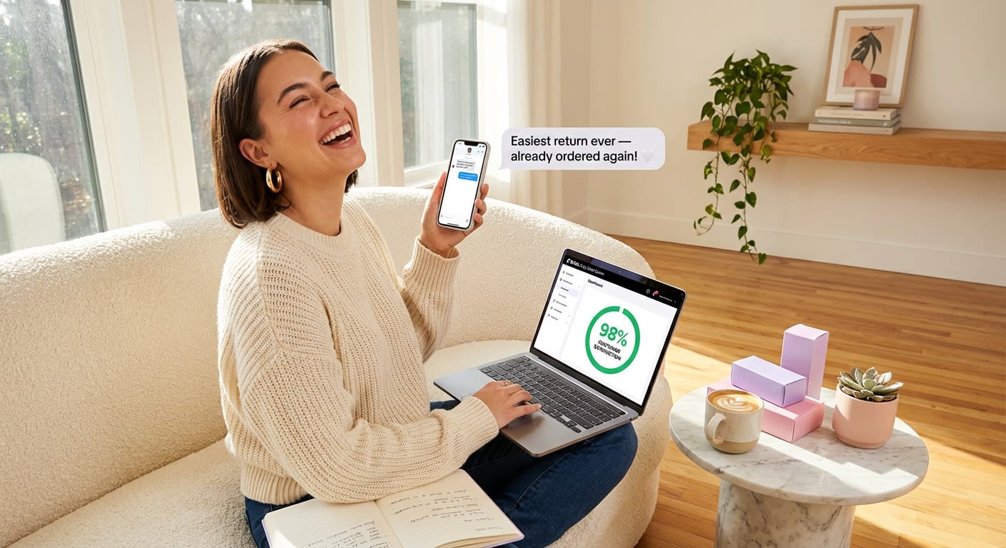 Young entrepreneur celebrating 98% TikTok Shop satisfaction score with happy customer return message on phone