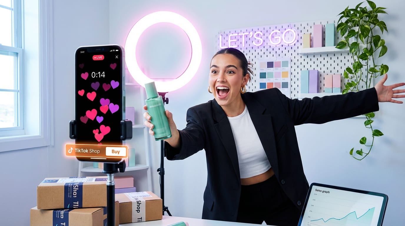 Confident TikTok creator filming an energetic product review video with ring light and TikTok Shop product link visible