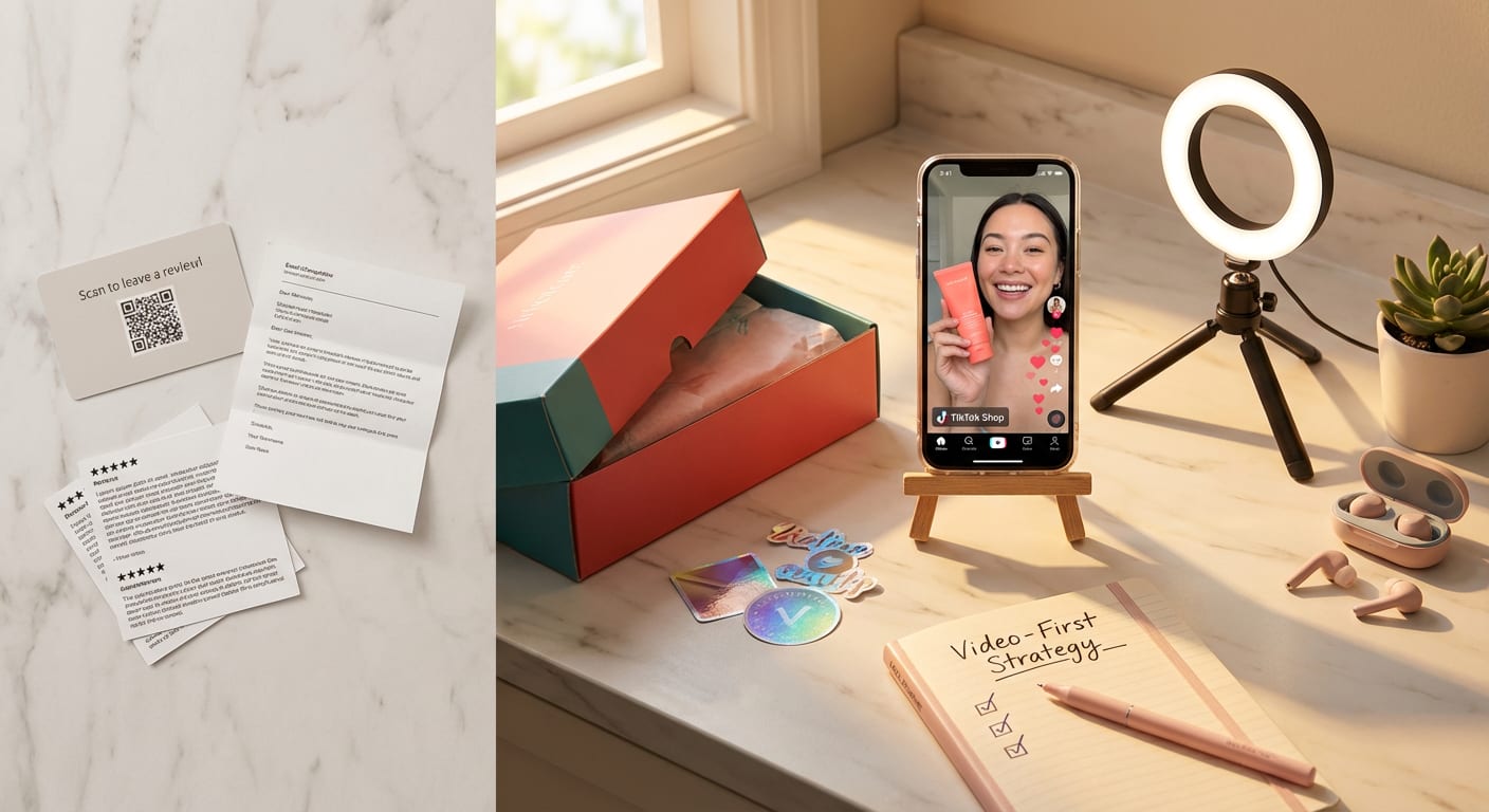 Flat lay comparing traditional Amazon review tactics with modern TikTok Shop video-first review strategy elements