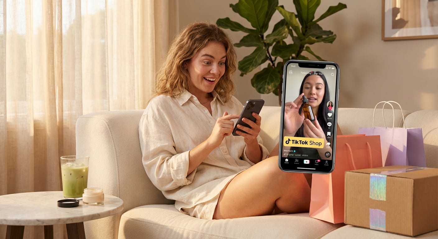 Happy shopper discovering a product on TikTok Shop while scrolling her For You Page on her phone