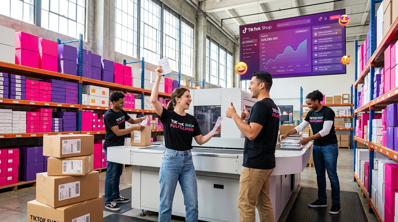 Organized warehouse fulfillment team packing TikTok Shop orders with live order dashboard showing rapid sales growth