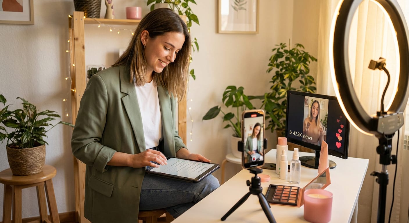 Professional TikTok creator studio setup with ring light phone tripod and products ready for TikTok Shop review filming