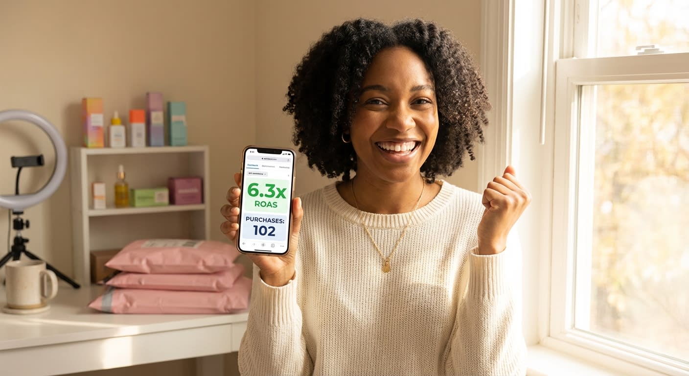 Excited TikTok Shop seller celebrating high ROAS results from value-based optimization on her phone