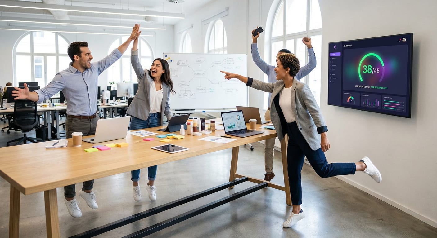 Marketing team excitedly reviewing TikTok Shop custom audience targeting results on analytics screen