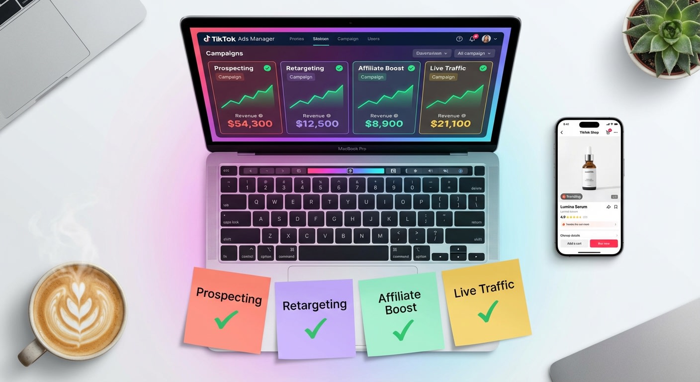 Organized flat lay of TikTok Shop ad account campaign structure with laptop and color-coded strategy notes