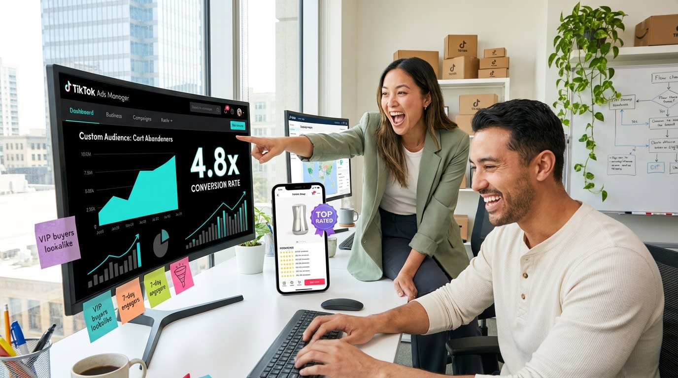 Marketing team excitedly reviewing TikTok Shop custom audience targeting results on analytics screen