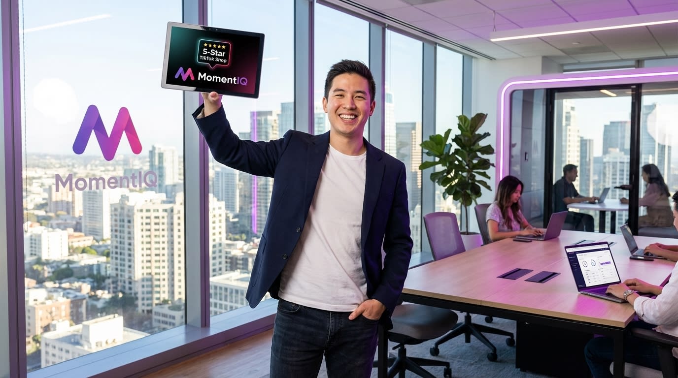Aspirational brand owner proudly displaying 5-star TikTok Shop rating in a modern office with city view