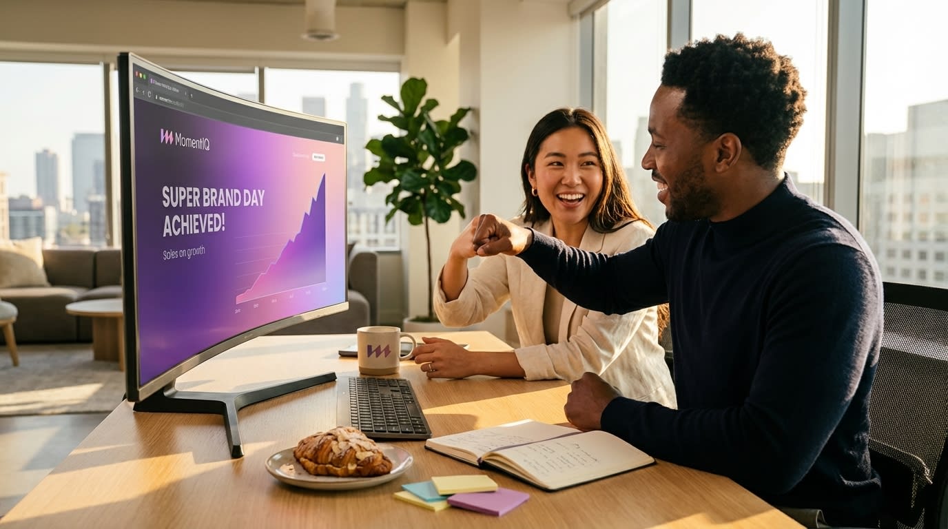 Brand marketing team celebrating 'Super Brand Day Achieved!' with record sales on TikTok Shop