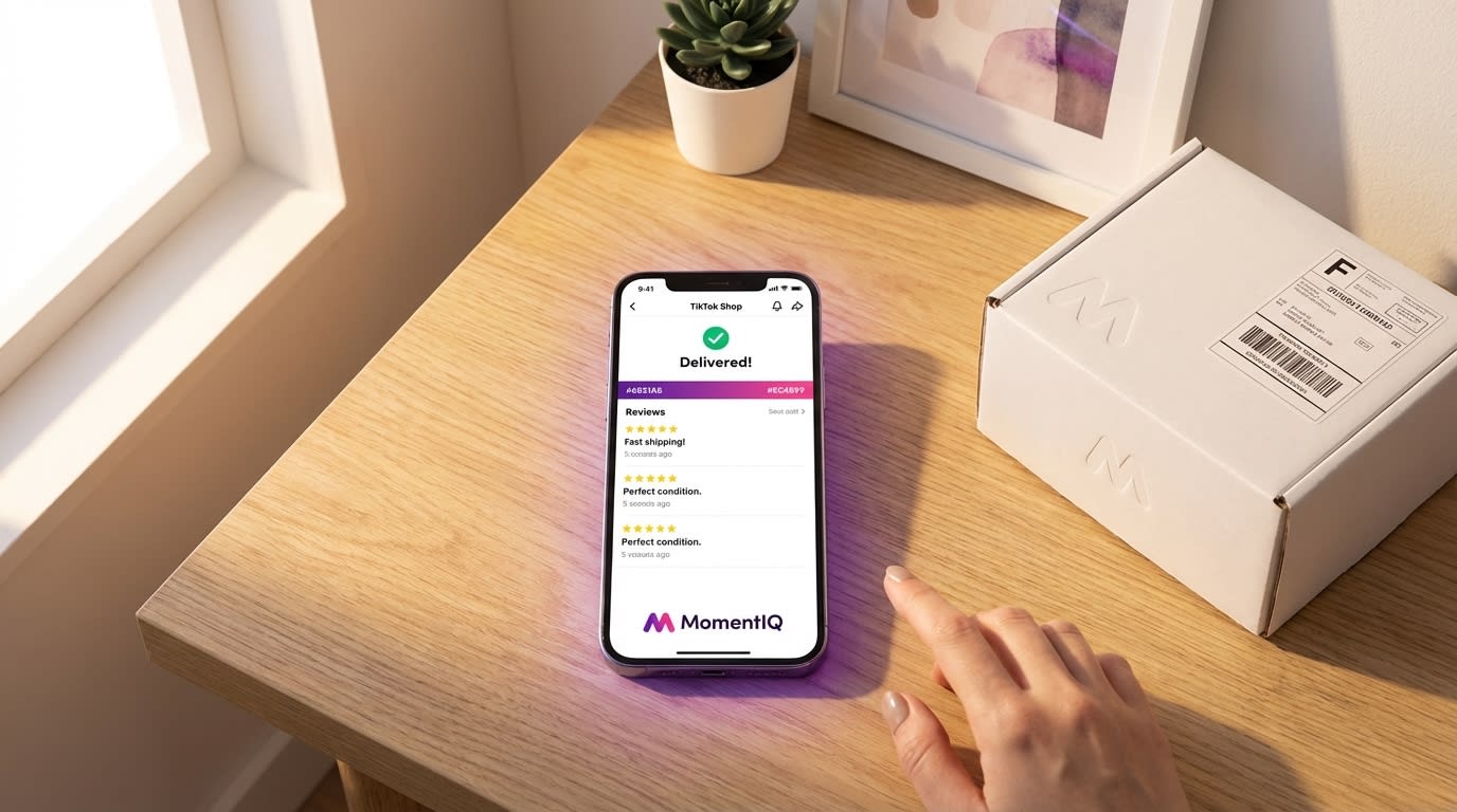 Flat lay of branded shipping box, smartphone with 'Delivered!' notification and 5-star TikTok Shop reviews