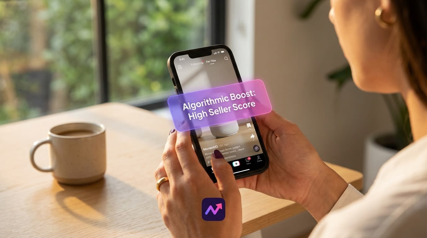 TikTok For You Page with product video showing 'Algorithmic Boost: High Seller Score' overlay