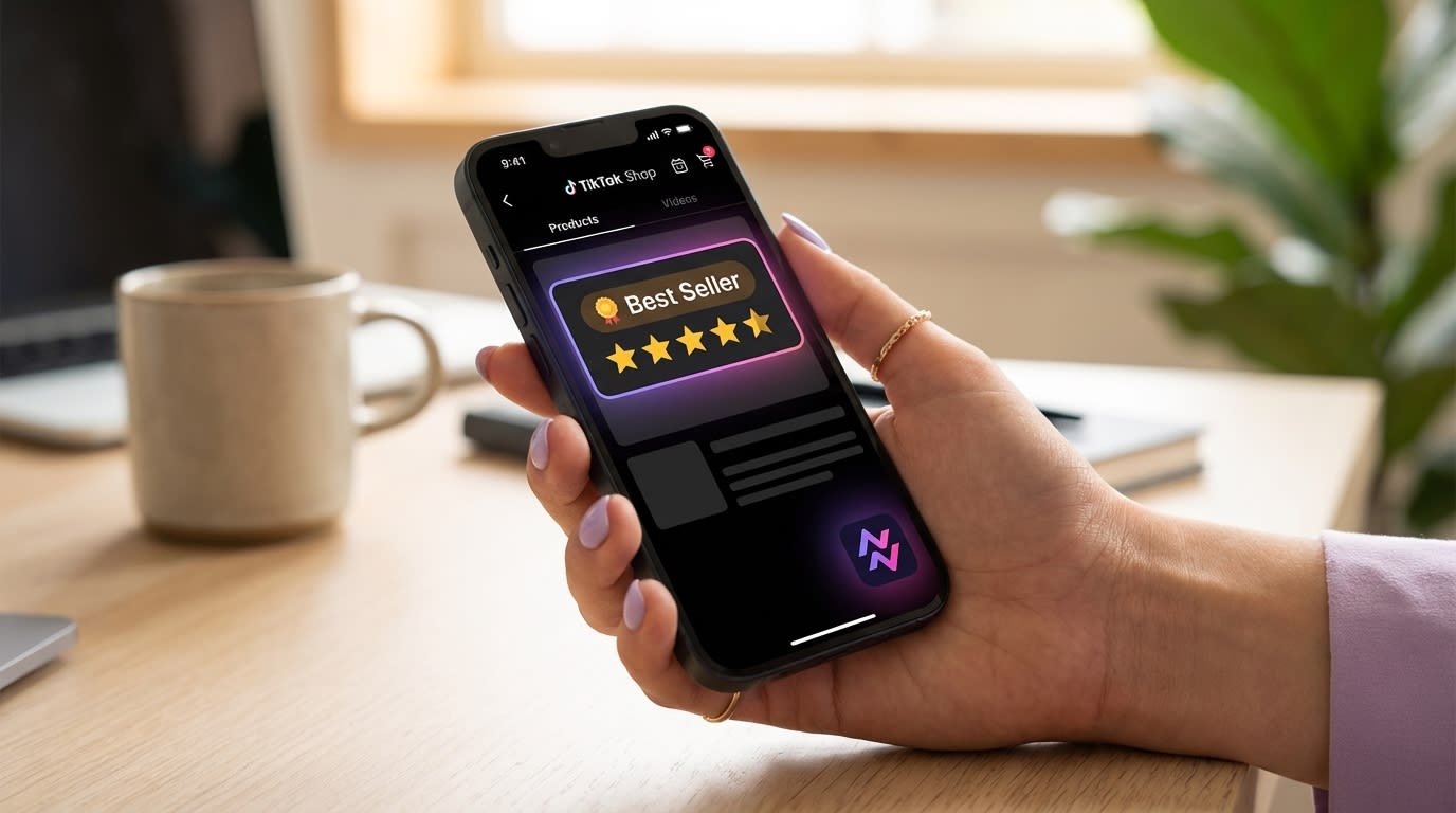 Smartphone showing priority product placement in TikTok Shop tab with 5-star reviews
