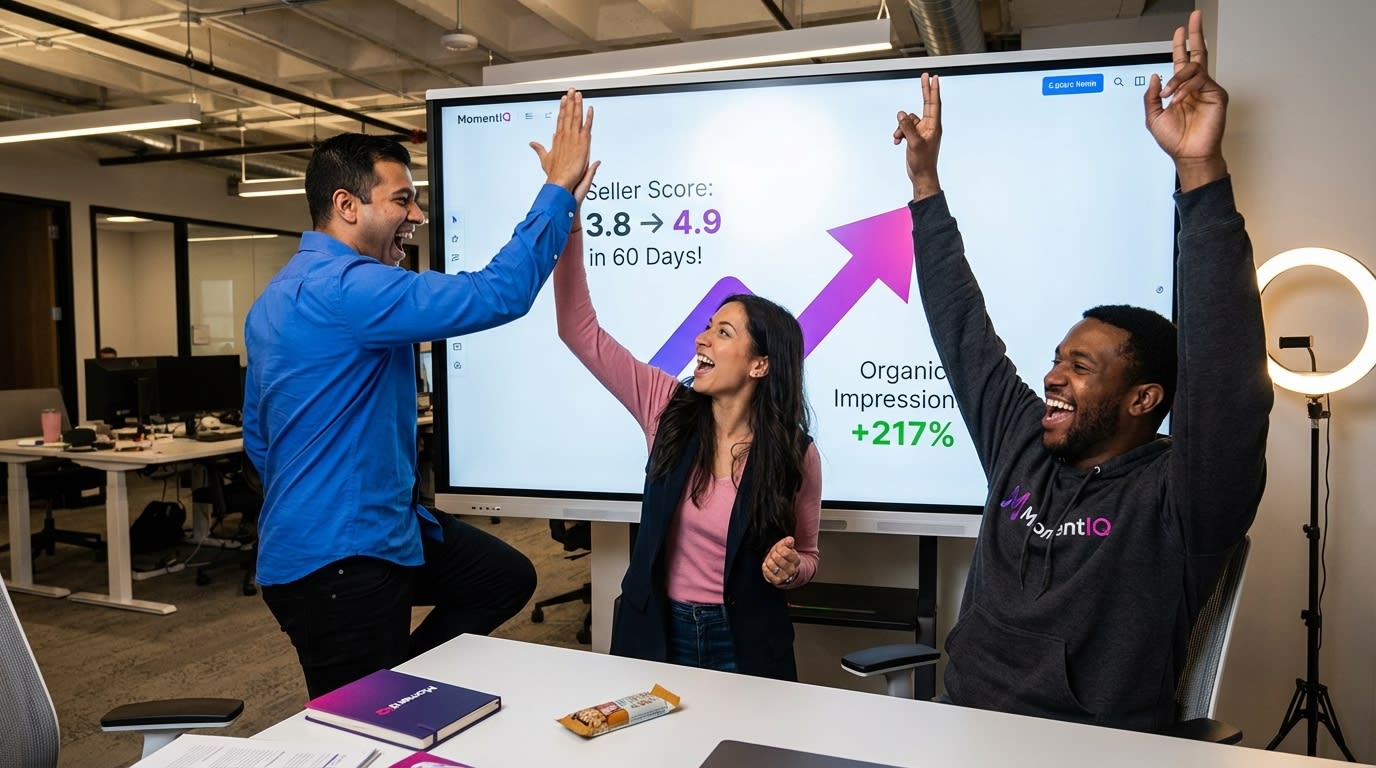 Team celebrating 217% organic impression increase after improving TikTok Shop seller score from 3.8 to 4.9