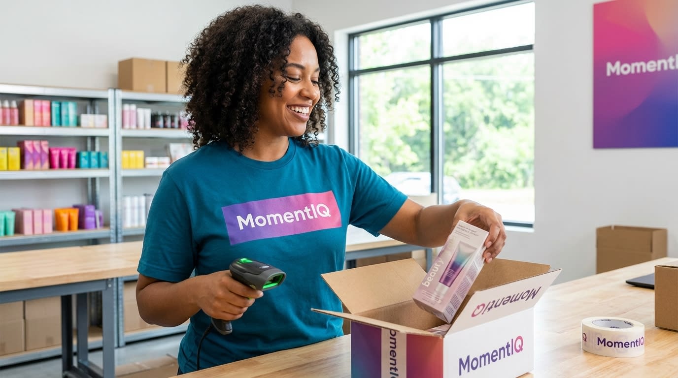 Warehouse worker proudly packing a custom-branded product for TikTok Shop with organized inventory