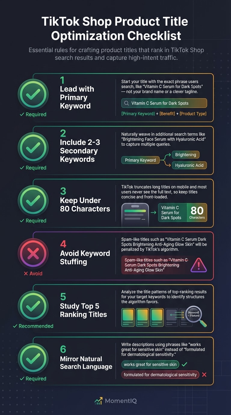 Checklist infographic showing six TikTok Shop product title optimization best practices including keyword placement, character limits, and avoiding keyword stuffing