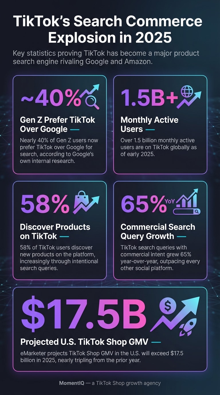 Infographic showcasing five key TikTok Shop SEO statistics for 2025 including 40% Gen Z search preference, 1.5 billion users, 58% product discovery rate, 65% commercial query growth, and $17.5 billion projected U.S. GMV