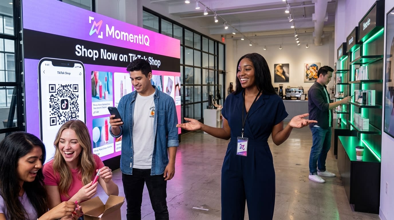 Aspirational shot of a brand's flagship store with 'Shop Now on TikTok Shop' display, happy customers, and brand ambassador