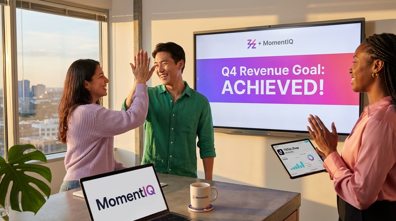 Aspirational shot of a diverse TikTok Shop strategy team celebrating achieved revenue goals in a modern office