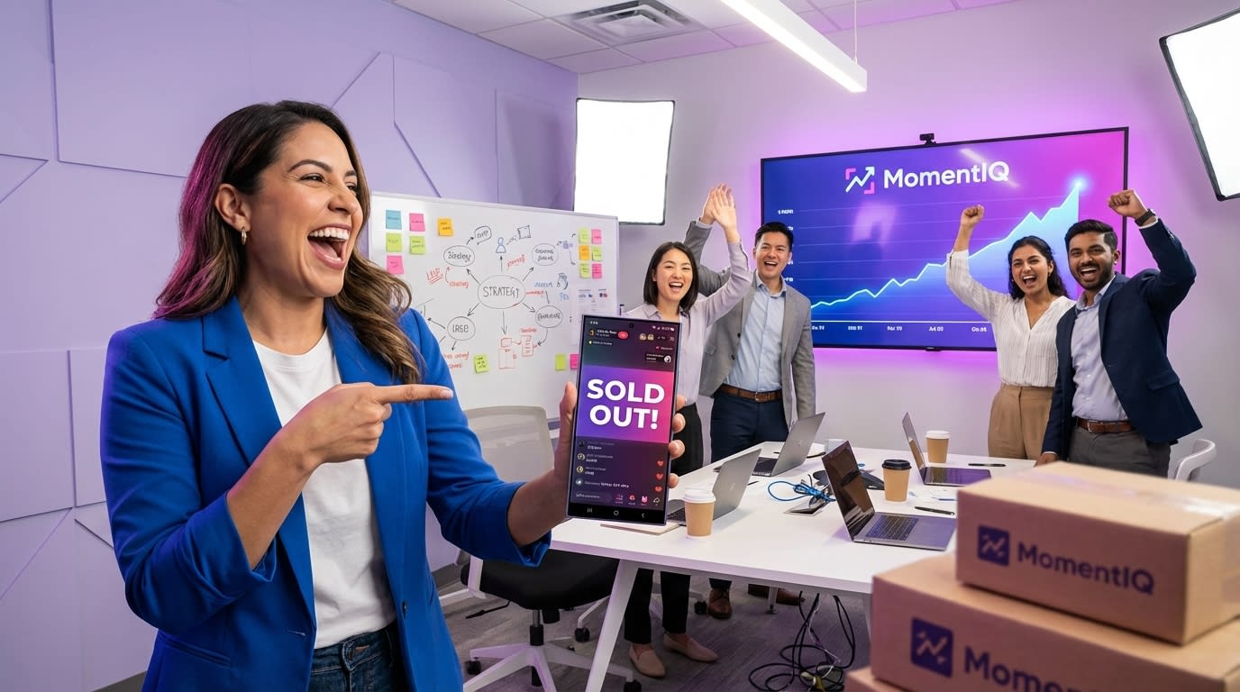 Brand owner celebrating a 'SOLD OUT!' moment on a TikTok Shop live stream with their cheering team
