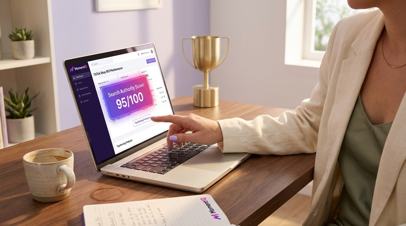 Digital marketing manager confidently viewing a TikTok Shop SEO performance dashboard with a high search authority score