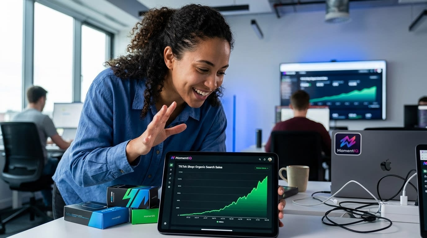 E-commerce manager confidently tapping refresh on a TikTok Shop sales dashboard showing steep organic search sales growth