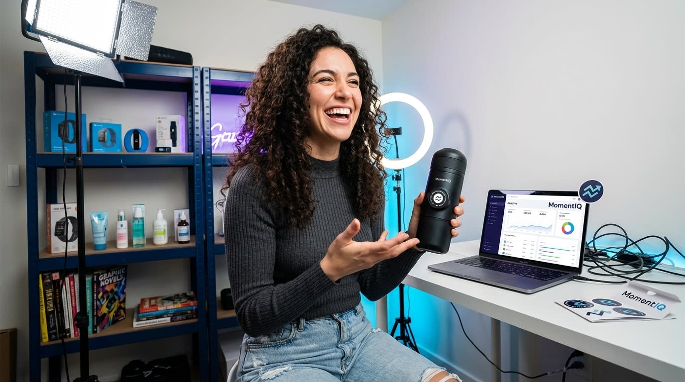 Charismatic creator filming an energetic TikTok Shop product review in their home studio