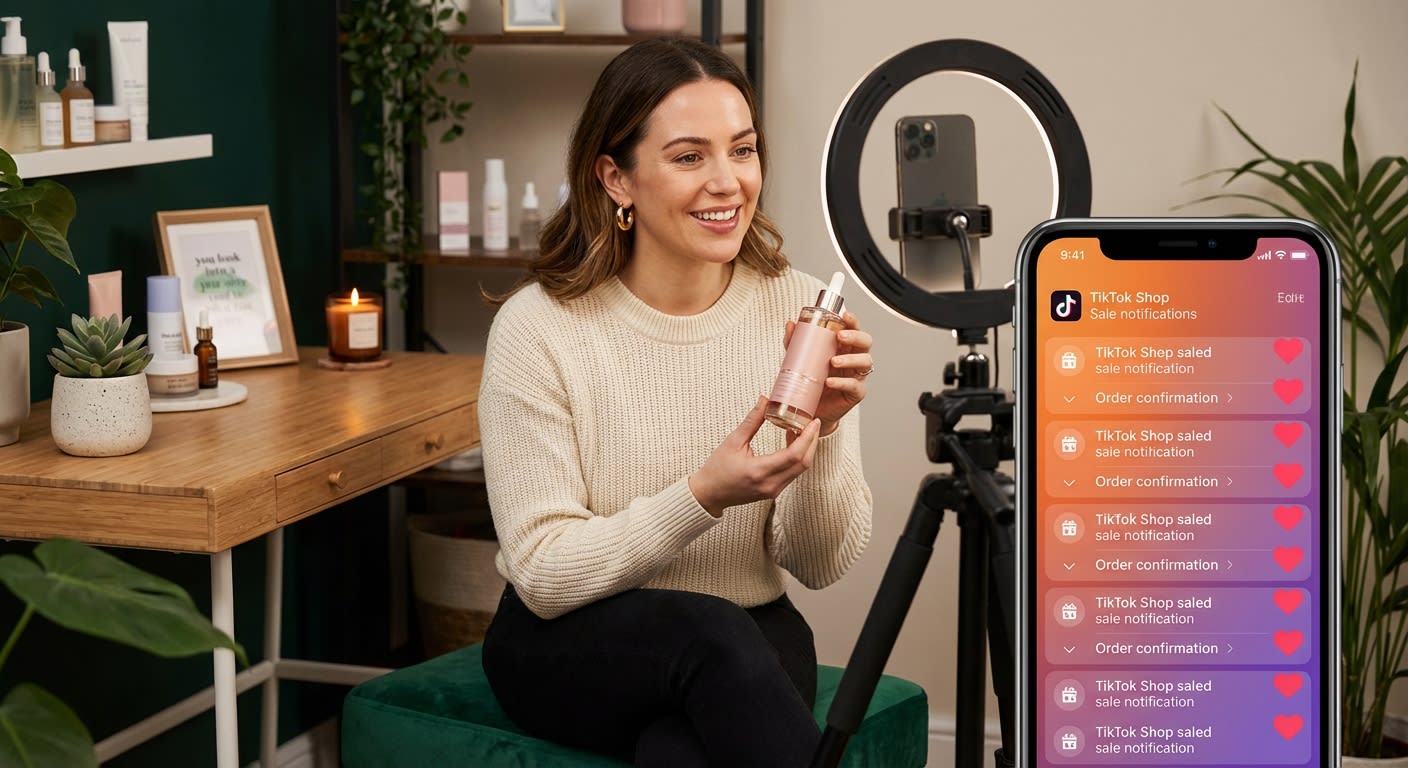 Confident TikTok Shop creator filming product video in studio with top-ranking product listing on screen