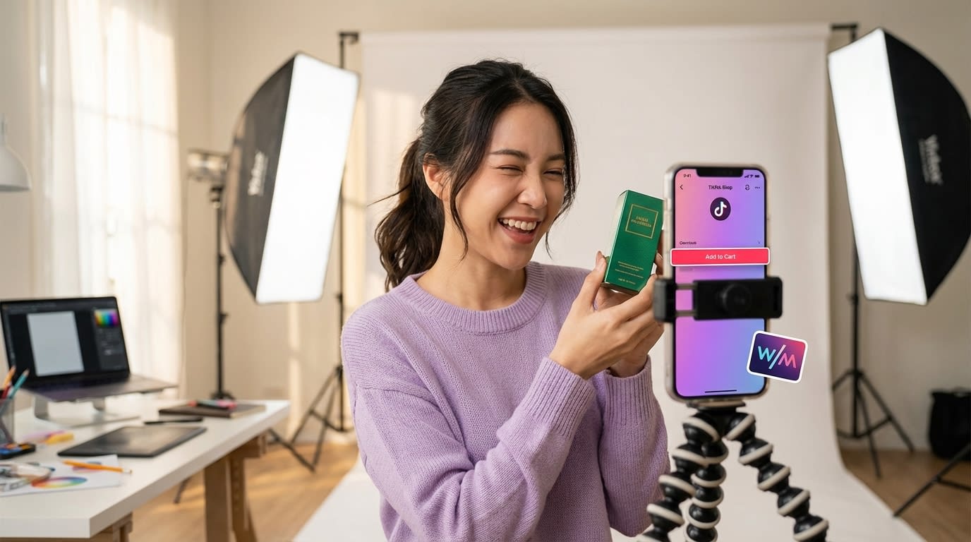 Playful creator confidently presenting a product for a TikTok Shop video in a bright studio setup