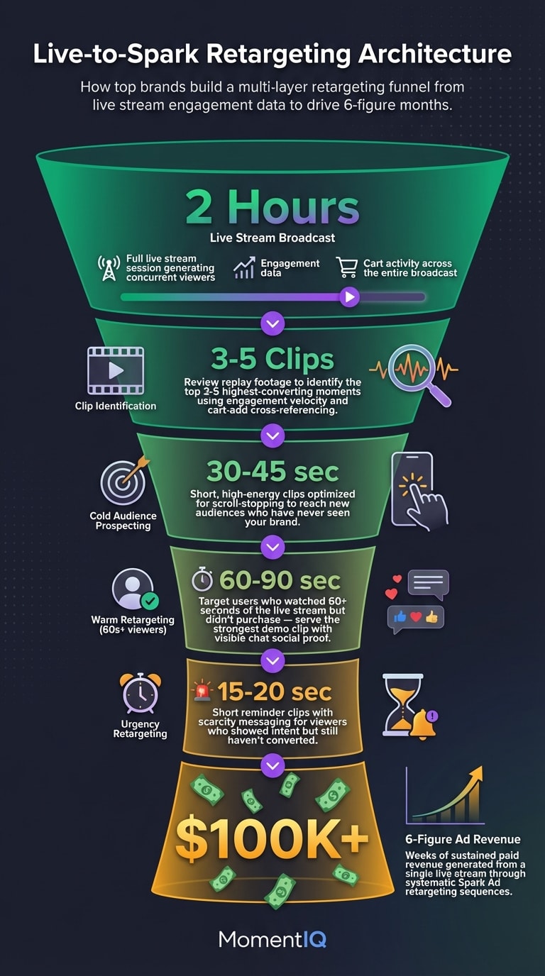 Funnel infographic showing the TikTok Spark Ads retargeting architecture from 2-hour live stream broadcast through clip identification, cold and warm audience targeting with optimal clip lengths, to 6-figure ad campaign revenue