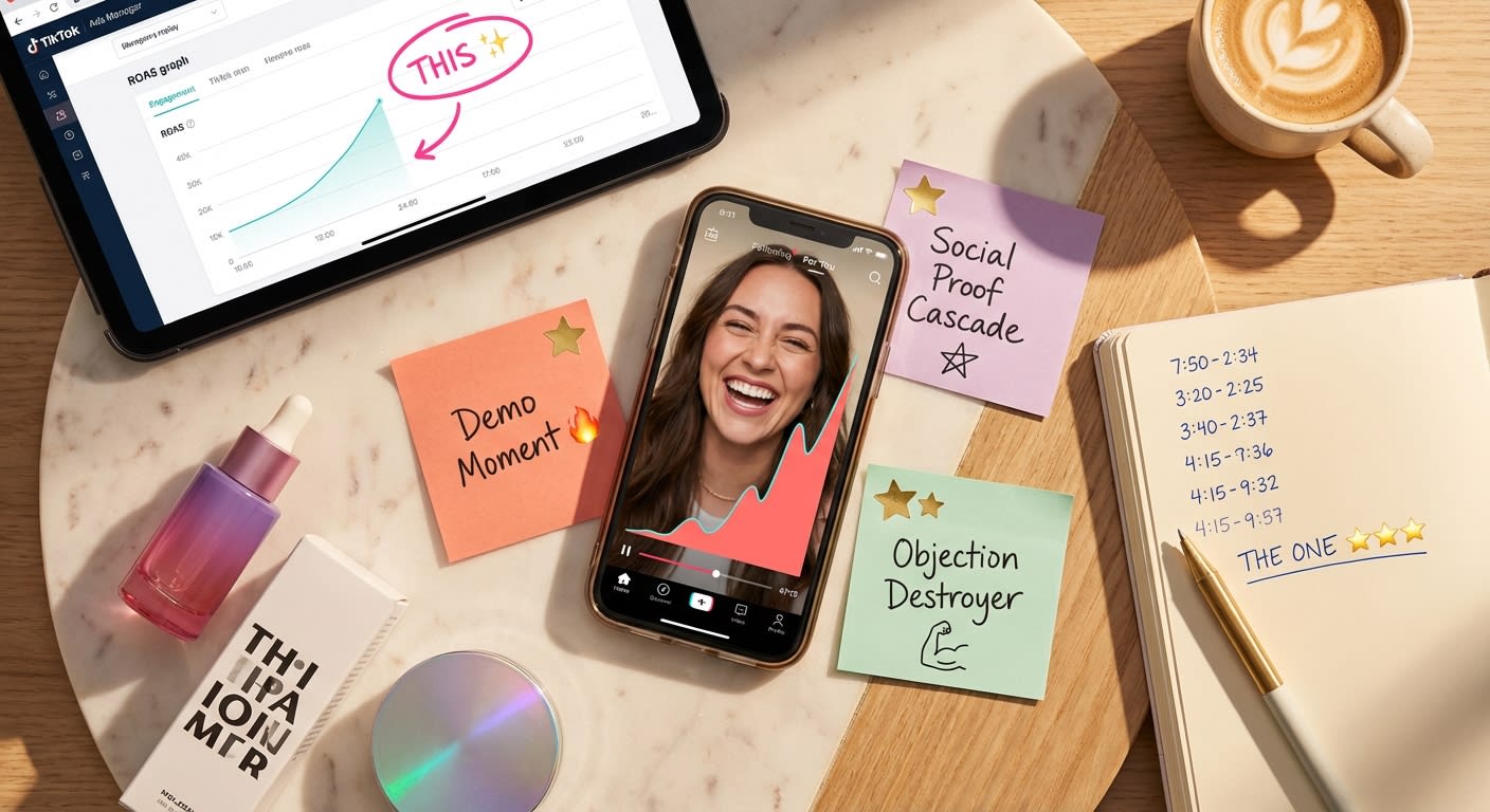 Flat lay of TikTok Shop live stream review workspace with phone showing replay analytics and colorful strategy notes