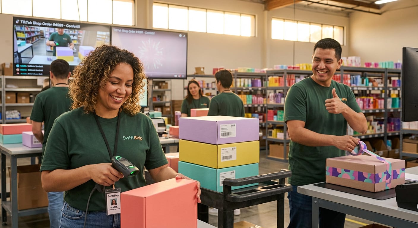 Organized TikTok Shop fulfillment warehouse with team member happily processing hundreds of orders from successful Spark Ad campaign