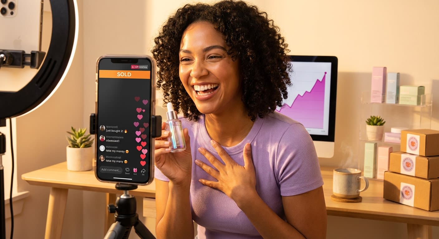 TikTok Shop live stream host confidently presenting a product with chat flooding with purchases and heart emojis