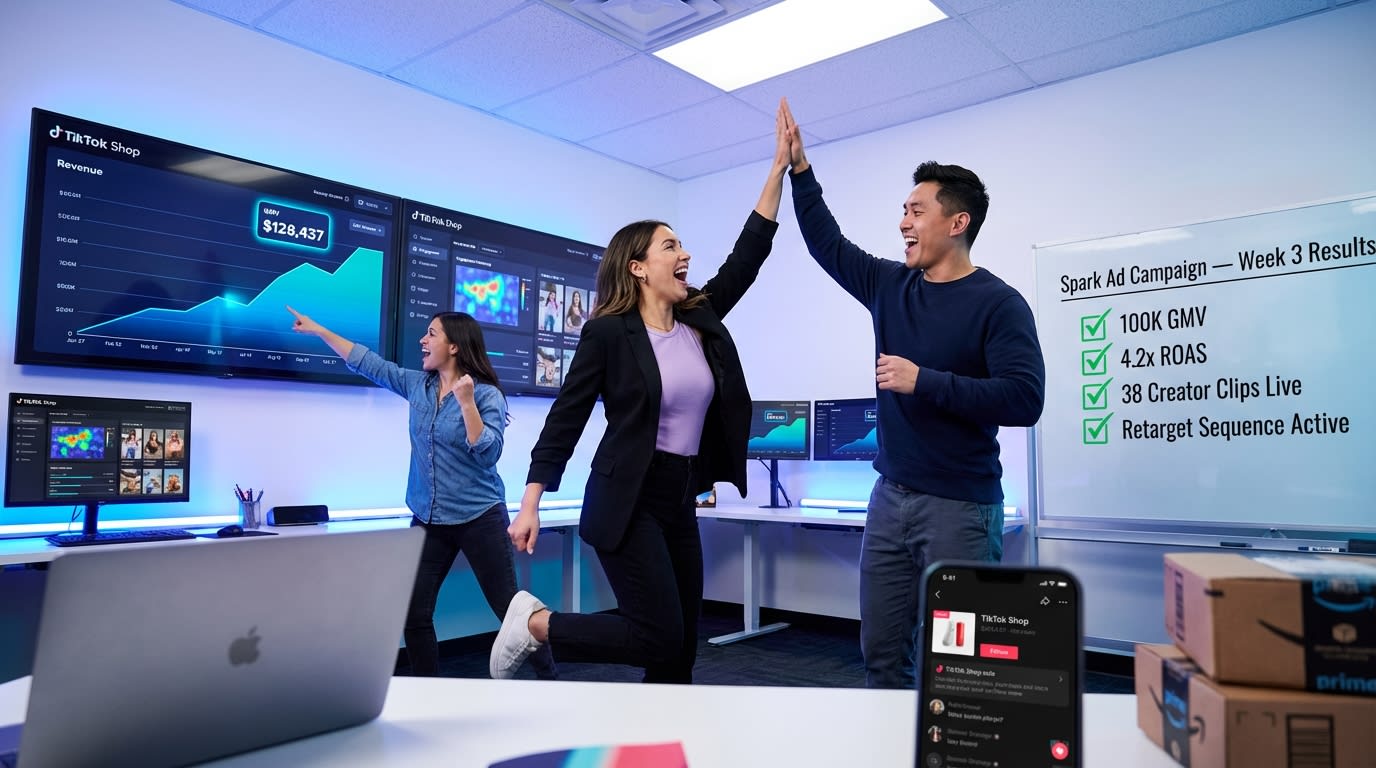 TikTok Shop brand team celebrating six-figure Spark Ad campaign results on analytics dashboards in their strategy war room