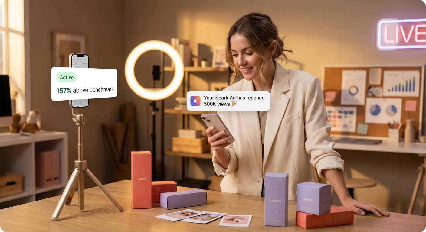 TikTok Shop creator studio setup with phone showing Spark Ads dashboard reaching 500K views and branded products ready for promotion