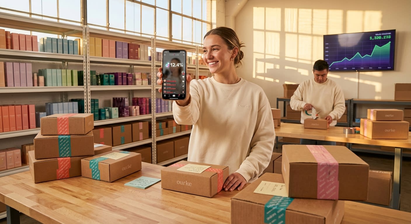 Aspirational TikTok Shop fulfillment warehouse with team member showing high engagement rate on phone