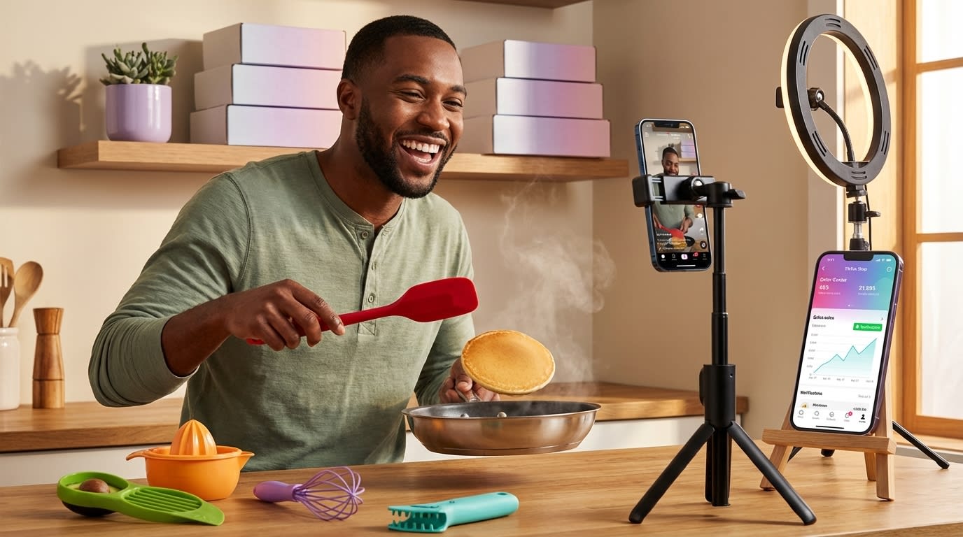 Confident TikTok Shop creator filming organic product content in studio with live sales dashboard visible