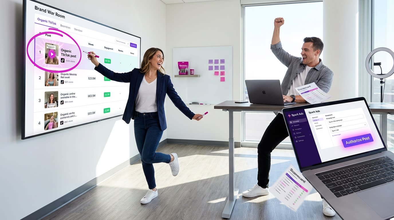 Energetic TikTok Shop team scoring organic posts for Spark Ads amplification in brand war room