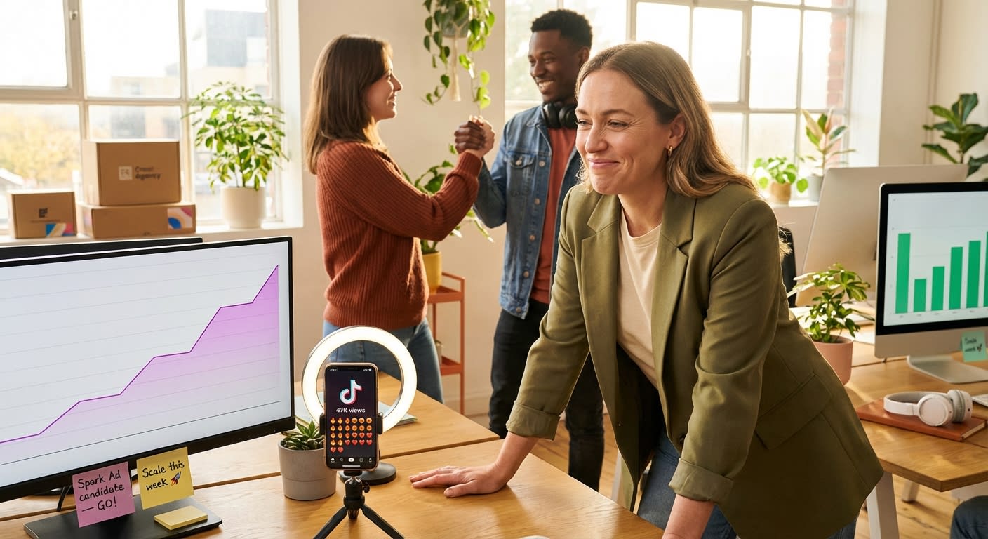 Marketing team celebrating discovery of high-performing organic TikTok Shop post on analytics dashboard