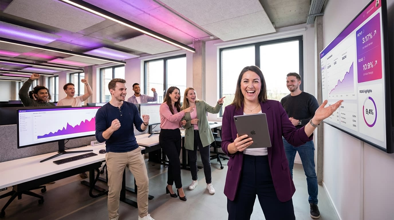 Thriving TikTok Shop brand headquarters with teams managing Spark Ad campaigns and growth dashboards