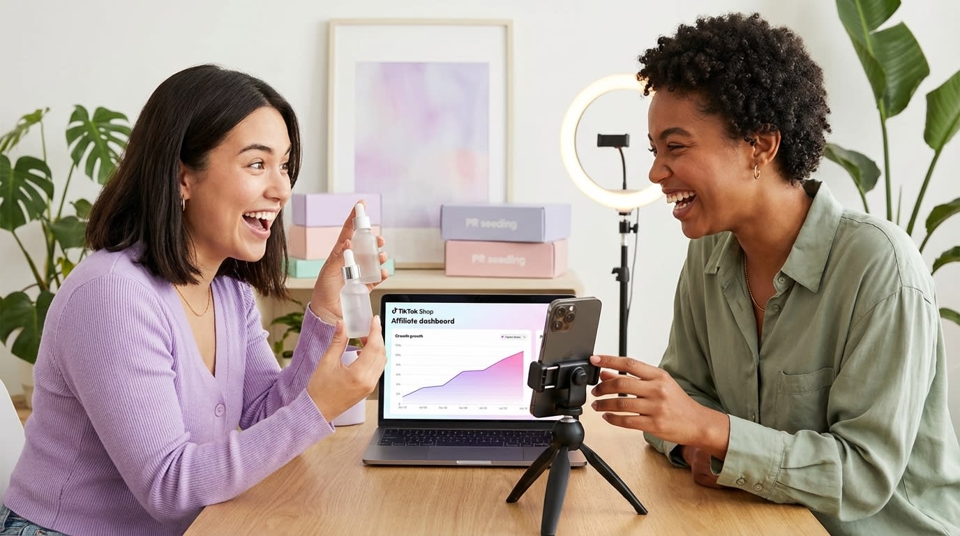 Two TikTok creators collaborating on organic product review content for TikTok Shop Spark Ad potential