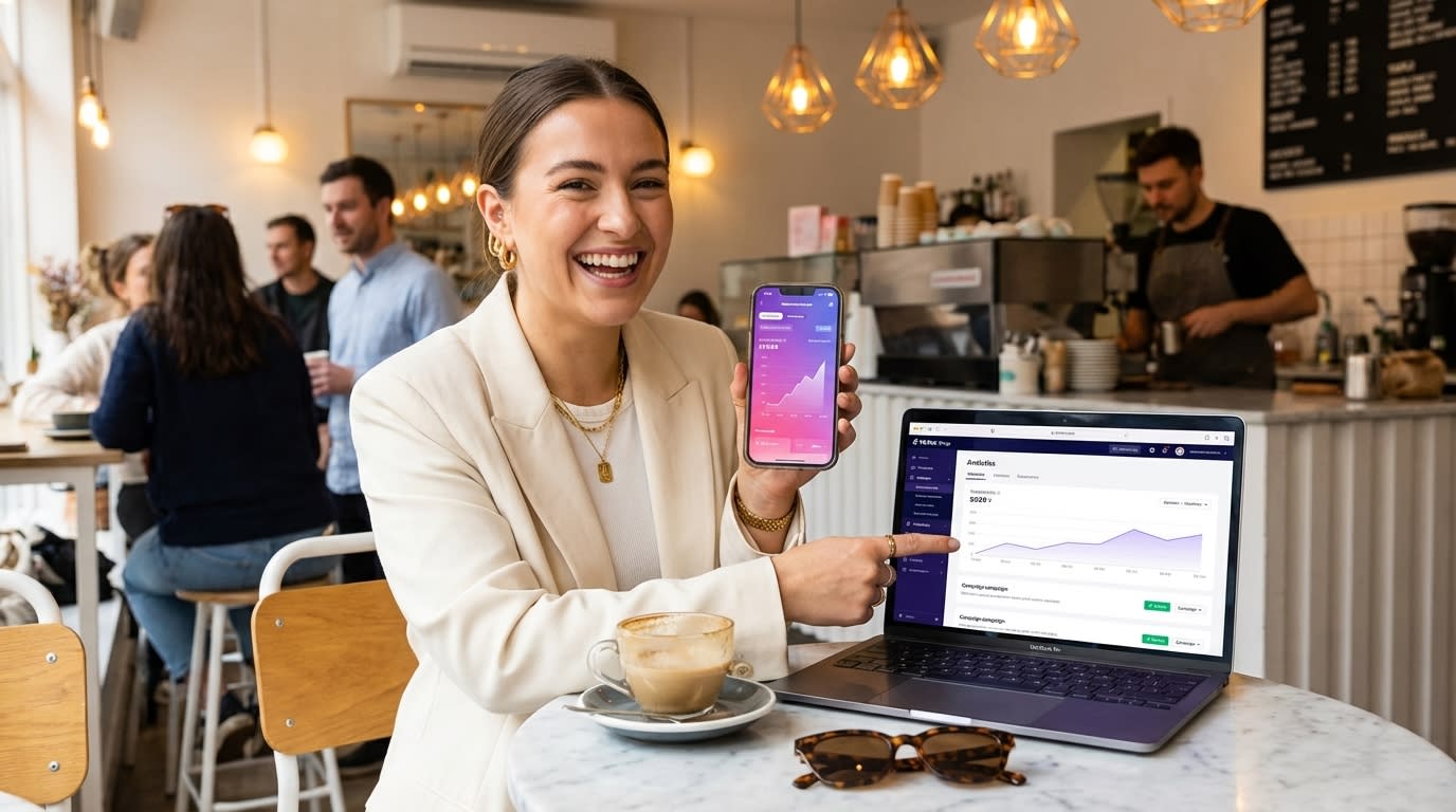 TikTok Shop seller checking Spark Ads ROAS on phone at café with laptop showing campaign performance