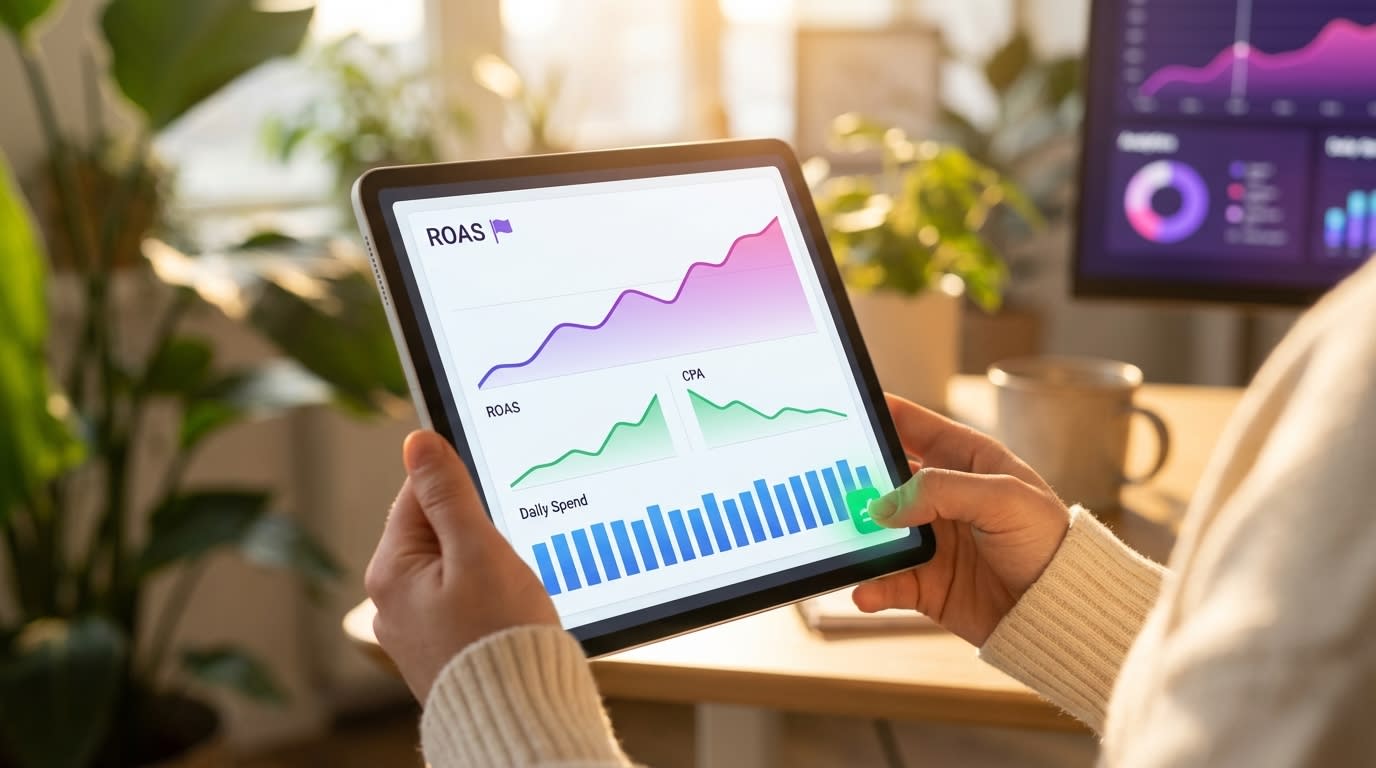 TikTok Shop Spark Ads budget pacing dashboard showing declining CPA and climbing ROAS projections