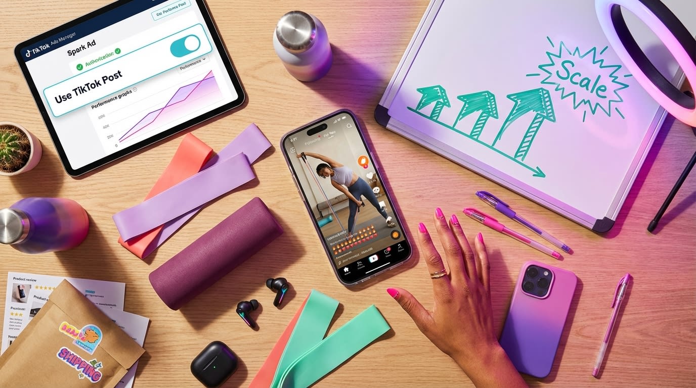 TikTok Shop Spark Ads workflow showing organic post being converted to paid ad on creator desk setup